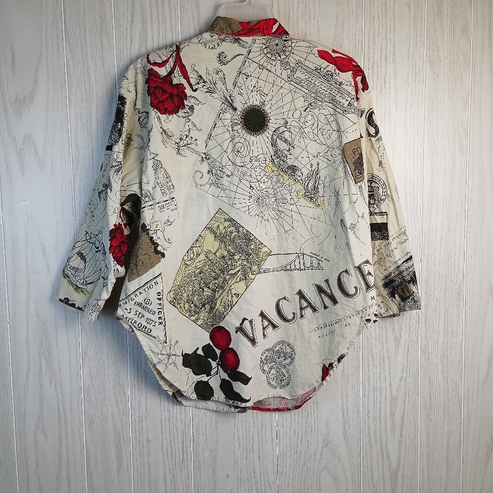 VTG 80s 90s Mirror Travel France Print made in USA Large 3 quarter button down - Picture 7 of 16